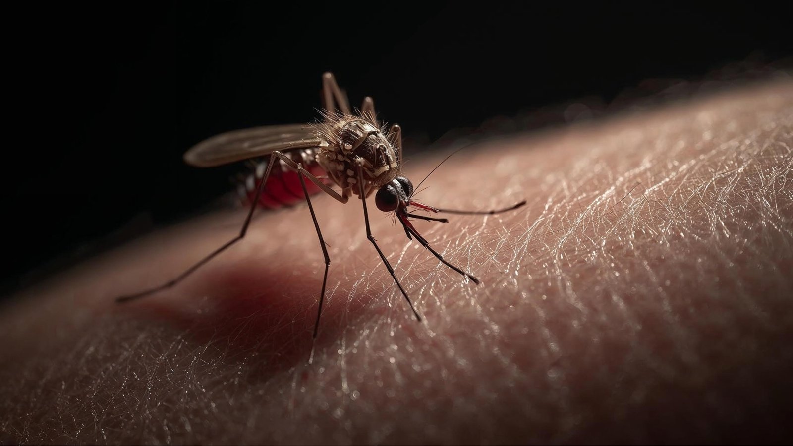 Close-up-of-mosquito-on-human-skin-sucking-blood-dark-background